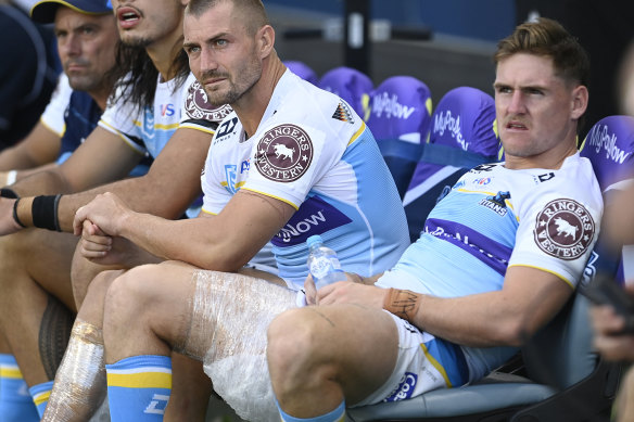 Kieran Foran and AJ Brimson on the bench after both were injured during the round four match against the North Queensland Cowboys.