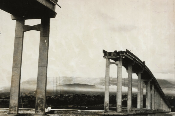 The Tasman Bridge in Hobart after it was struck by the Lake Illawarra container ship in 1975.