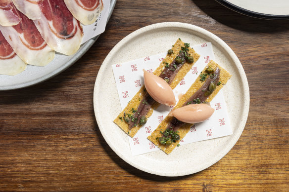 MoVida’s signature anchovy with smoked tomato sorbet.