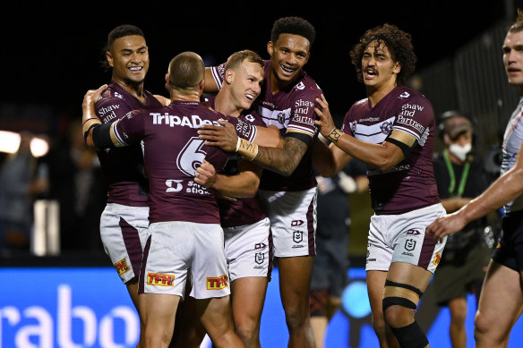 Sea Eagles skipper Daly Cherry-Evans after scoring against the Roosters on Friday night.