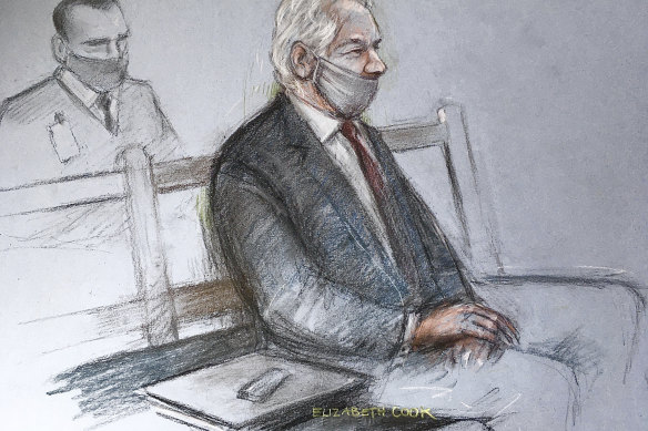 A courtroom sketch of Julian Assange appearing at the Old Bailey in London in January.