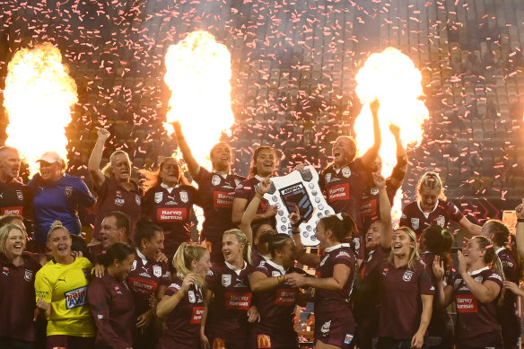 Queensland’s players celebrate after clinching the two-game series.