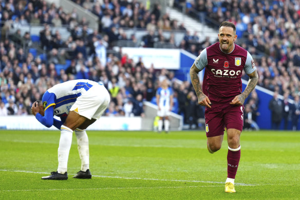 Aston Villa’s Danny Ings celebrates scoring against Brighton.