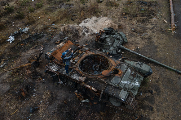 A turret separated from a Russian tank in Ukraine.