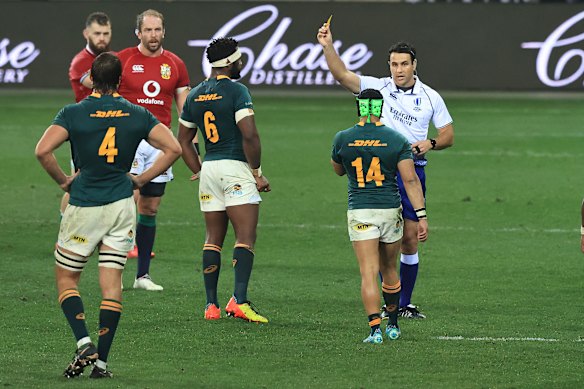 Cheslin Kolbe of South Africa is shown the yellow card.