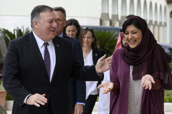 US Secretary of State Mike Pompeo with Saudi Ambassador Princess Reema Bint Bandar in 2020. 