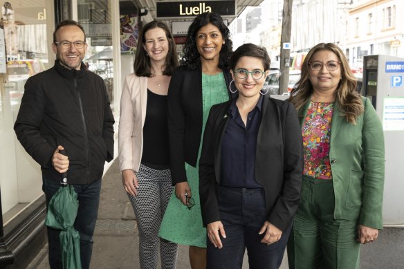 Federal Greens leader Adam Bandt, Melbourne MP Ellen Sandell, state Greens leader Samantha Ratnam, Richmond candidate Gabrielle de Vietri, and federal Senator Mehreen Faruqi on Monday.