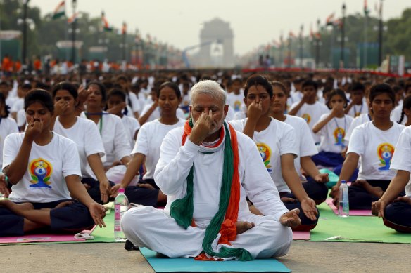 Prime Minister Narendra Modi leads a yoga session to mark the International Day of Yoga, in New Delhi in 2015.