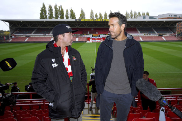 Wrexham co-chairmen Rob McElhenney, left, and Deadpool star Ryan Reynolds at Racecourse Ground in Wrexham, Wales. 