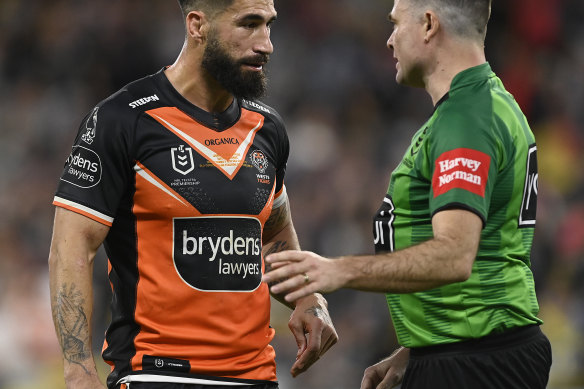 James Tamou talks to referee Chris Butler.