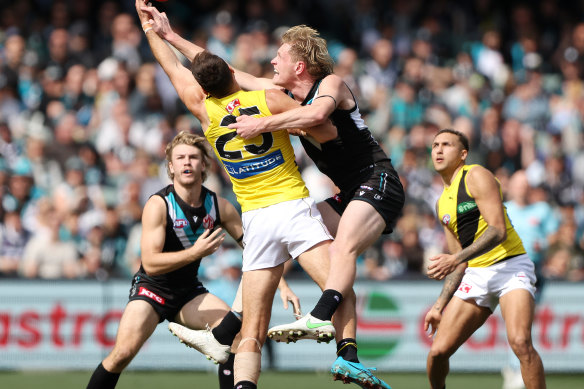 Port Adelaide’s Sam Hayes and Toby Nankervis of the Tigers do battle.