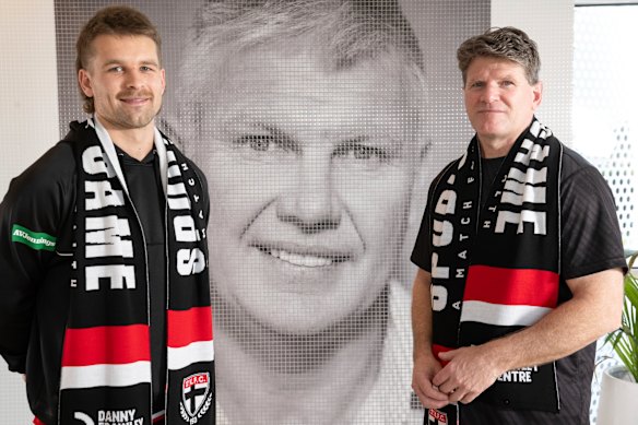 Saints player Dan Butler and assistant coach, and former teammate of Frawley, Robert Harvey at the Danny Frawley Centre in Moorabbin.