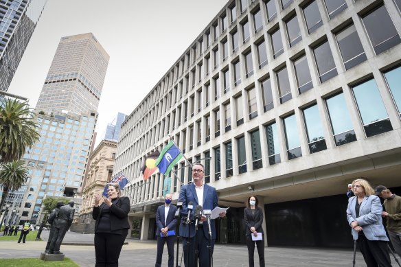 The nerve centre of government. Ministers conduct a press conference outside 1 Treasury Place.