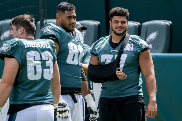 Mailata, centre, has edged ahead of Andre Dillard, right, in the Eagles’ pecking order ahead of the NFL season.