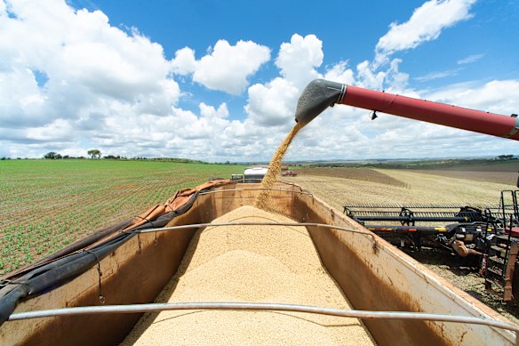 Soybeans are harvested on a farm near Brasilia, Brazil.