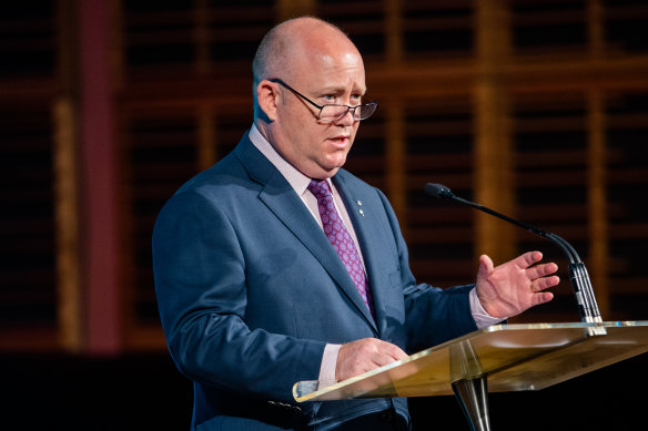 Shane Fitzsimmons delivers his address at the Sydney Conservatorium of Music on Monday.