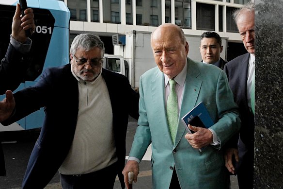Alan Jones outside the Downing Centre Local Court on Monday.