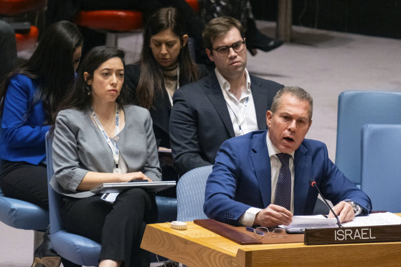Gilad Erdan, permanent representative of Israel to the UN, addresses the Security Council in New York on Monday.