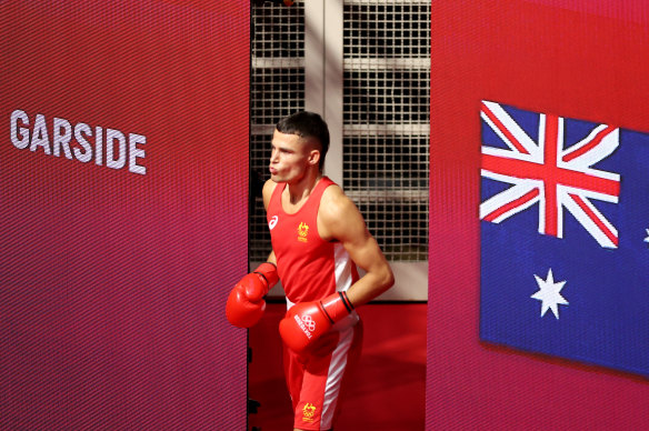 Harry Garside walks to the ring ahead of the men’s light (57-63kg) boxing match on July 31 in Tokyo.