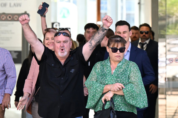 Brett and Belinda Beasley, parents of murder victim Jack Beasley, react as they leave the Brisbane Court of Appeal with family and supporters on Friday. One of the convicted killers has failed in a bid to appeal against his sentence.