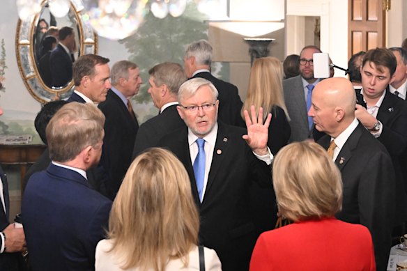 Australia’s ambassador to the US, Kevin Rudd, speaks to members of the Friends of Australia Caucus and congressional advocates during a breakfast reception at Blair House.