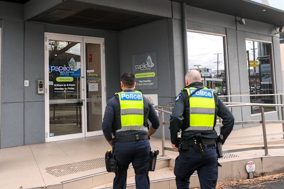 Police visit the Papilio Early Learning centre in Essendon on Tuesday morning.