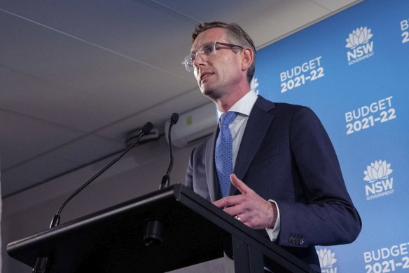 SW Treasurer Dominic Perrottet during a press conference at the 2021 NSW budget lock up.