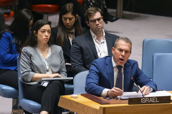 Gilad Erdan, permanent representative of Israel to the UN, addresses the Security Council in New York.