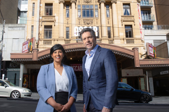 Lord Mayor Nicholas Reece and candidate for deputy lord mayor Roshena Campbell outside the Regent Theatre on Saturday.