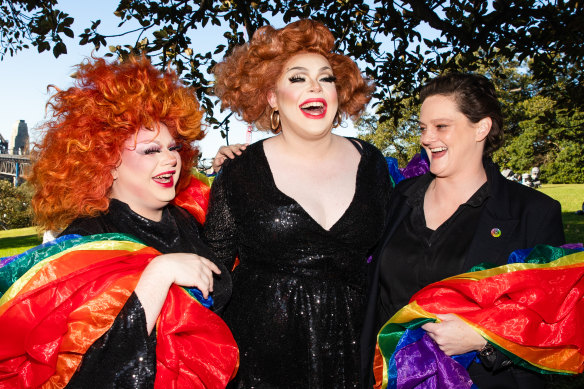 World Pride chief executive Kate Wickett (right) with Raquel and Karma Bites at last year’s program launch.