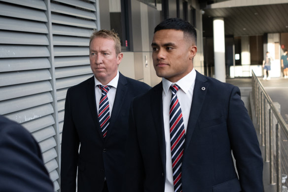 Roosters forward Spencer Leniu enters the NRL judiciary hearing on Monday night with coach Trent Robinson.