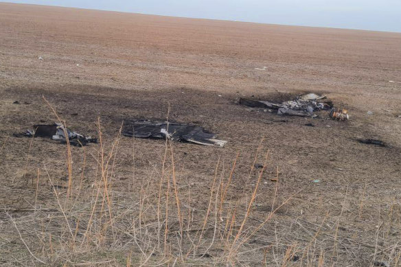 The remains of a Shahed-type drone that crashed near the Etulia, Moldova, near the Moldova-Ukraine border in February.