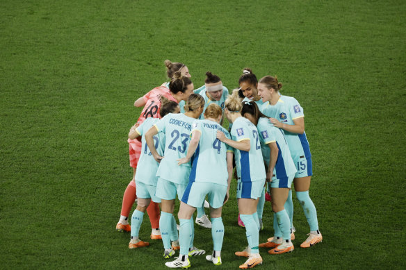 The Matildas group together in bronze medal play off against Sweden.