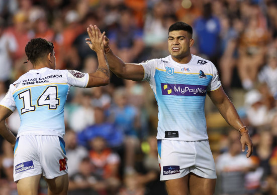 David Fifita, right, with team-mate Jayden Campbell during the Titans’ win over the Wests Tigers at Leichhardt Oval on Sunday.
