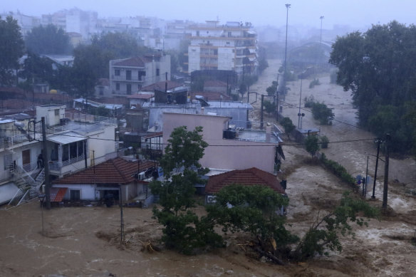 Floodwaters cover the town of Volos, Greece, on Tuesday.