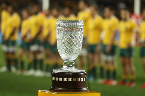 The Cook Cup on display before a Wallabies-England Test in 2016.