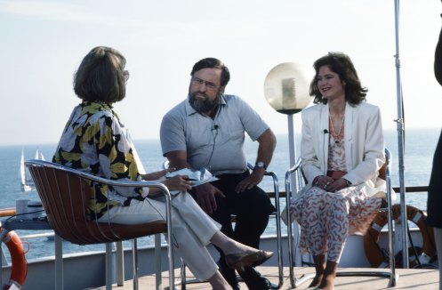 NBC News’ Jane Pauley, beach erosion expert Dr. Orrin Pilkey, Ocean Isle Mayor LaDane Bullington on board the S.S. Norway, 1986