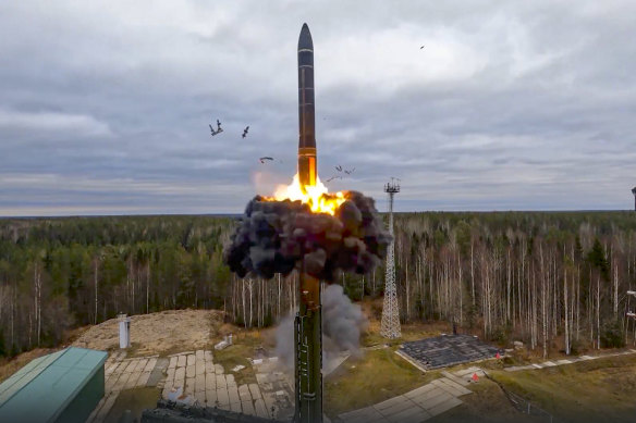 A Yars intercontinental ballistic missile is test-fired as part of Russia’s nuclear drills from a launch site in Plesetsk.