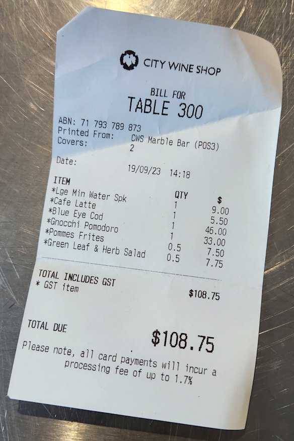 The bill at City Wine Shop.
