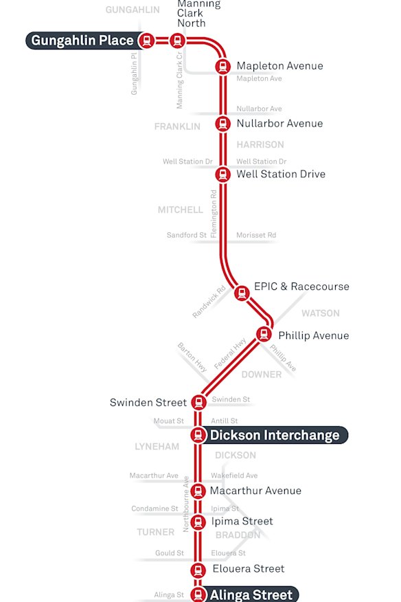 The first stage of light rail runs from Gungahlin to Civic.
