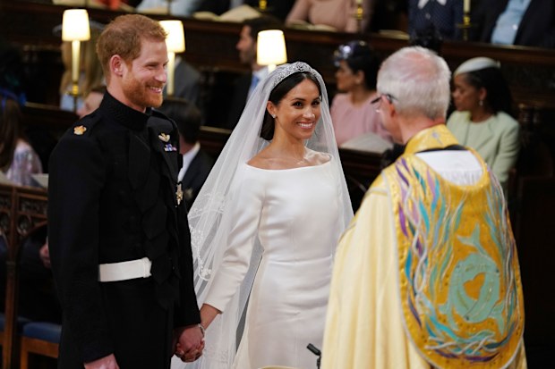 Prince Harry and Meghan Markle during their wedding service, conducted by the Archbishop of Canterbury Justin Welby in St George's Chapel at Windsor Castle on May 19, 2018 in Windsor, England. 