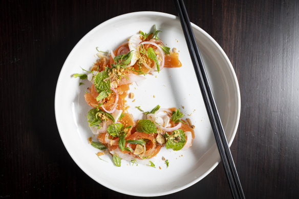 Cured trout with ginger, citrus and baby fennel.