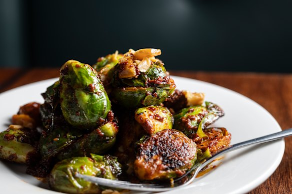 Roasted Brussels sprouts with pilpelchuma (chilli and garlic paste).