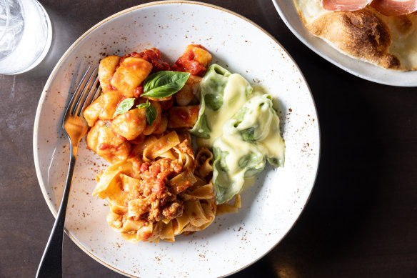 Pasta trio (clockwise from top left: Gnocchi with tomato and basil, spinach and ricotta tortelli with mascarpone, and tagliatelle with bolognese ragu).