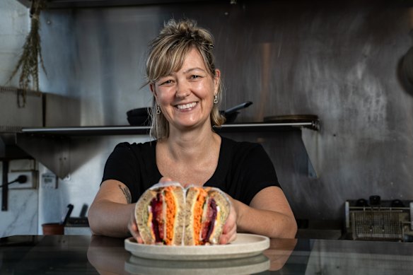 Tori Bicknell of Glory Us cafe in Melbourne’s Fitzroy North and its signature salad sandwich.