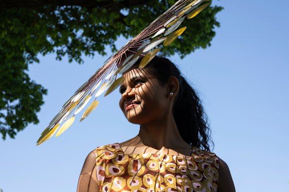 Model Lekaiya Rabbitt poses for a photo at the Melbourne Cup.