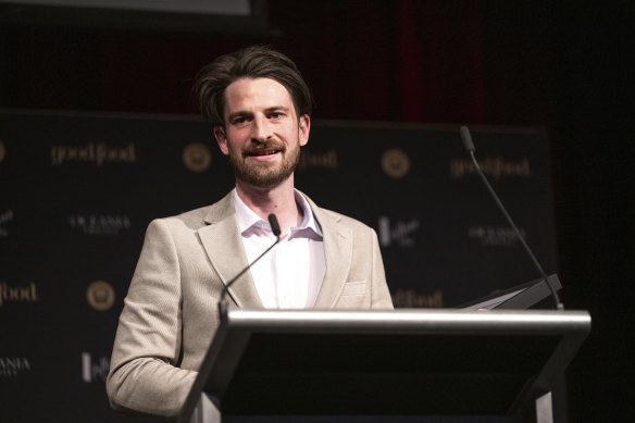 Chef Jack Cassidy of Kin at All Saints Estate accepts the Flinders + Co New Regional Restaurant of the Year award.