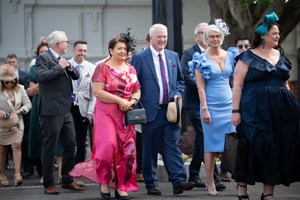 Sue Broomfield from Mornington, dressed in pink for the 2025 Caulfield Cup.