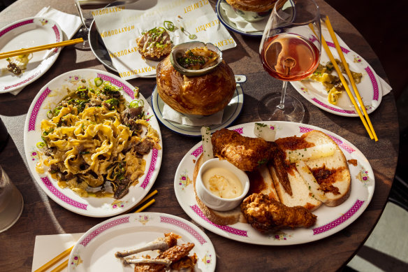 Thit kho pappardelle (left) with congee en croute and mala wings.