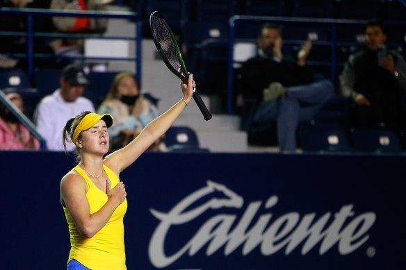 Elina Svitolina celebrates a point against Anastasia Potapova of Russia in Mexico in 2022.